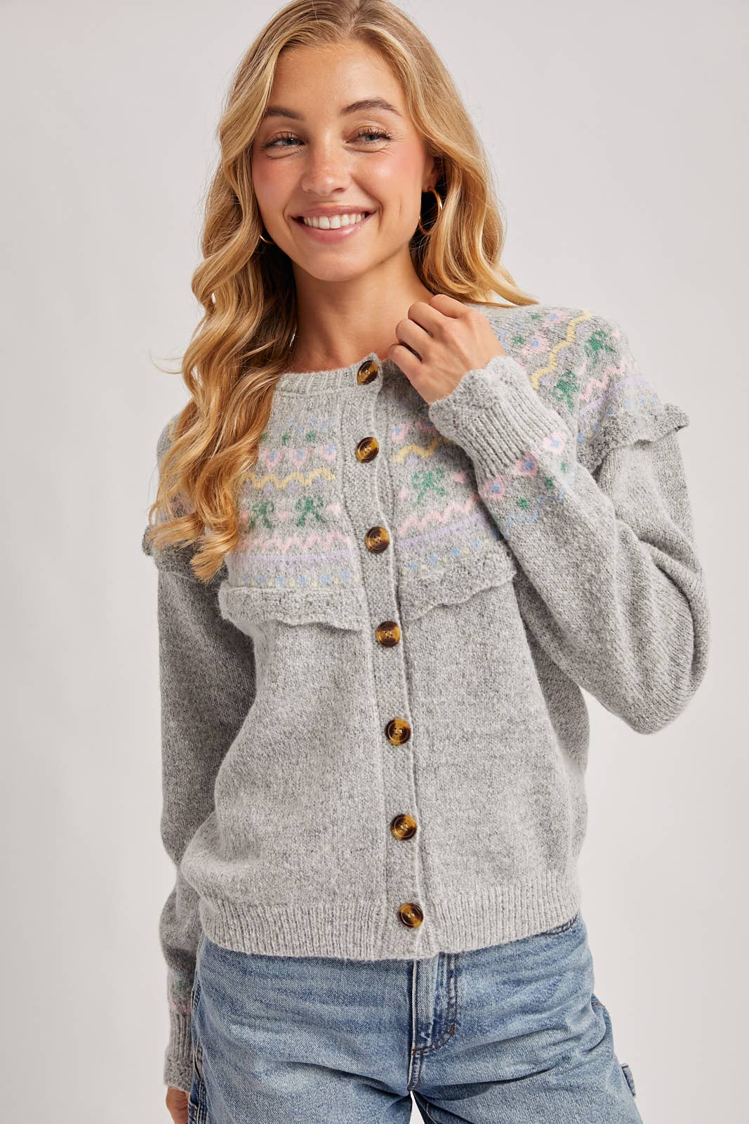 BUTTON FRONT FAIR ISLE KNIT SWEATER TOP