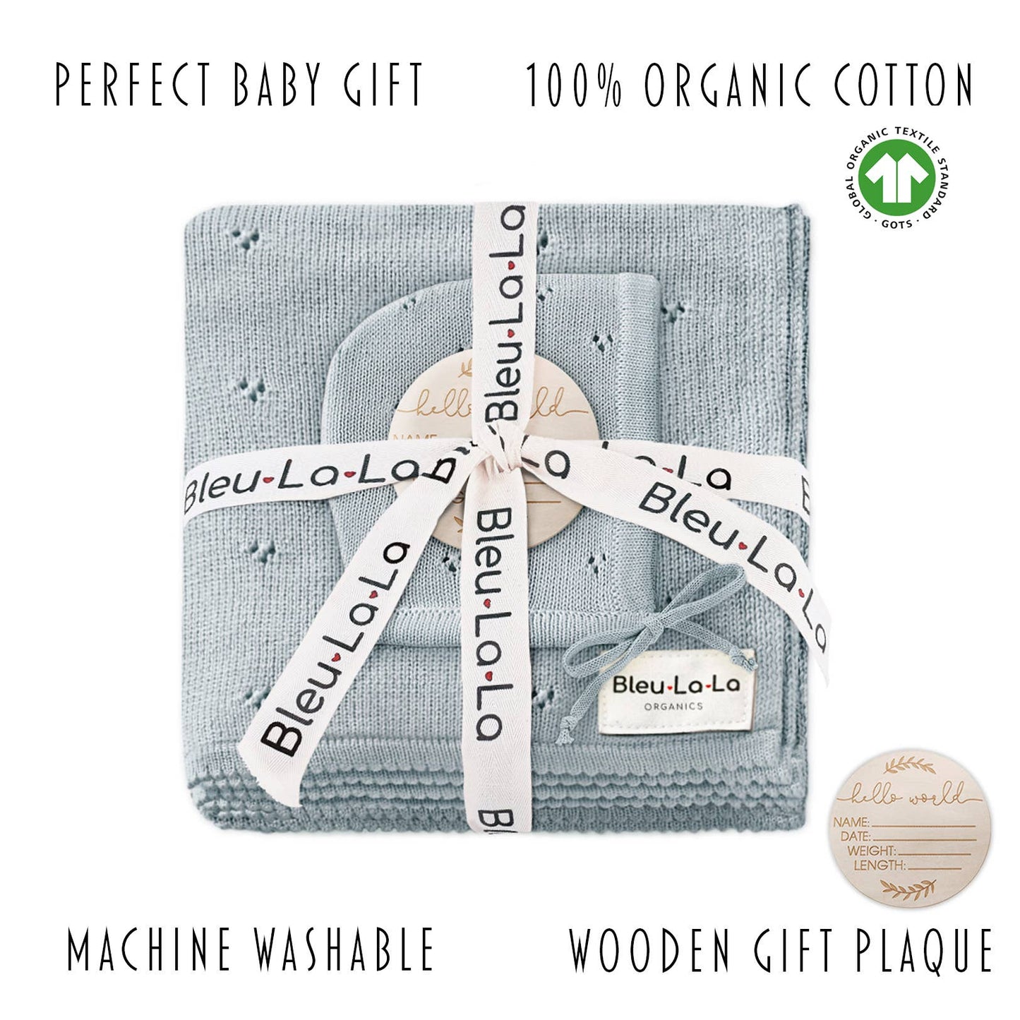 100% Organic Cotton Luxury Organic Blanket + Bonnet Hat Set Bleu La La