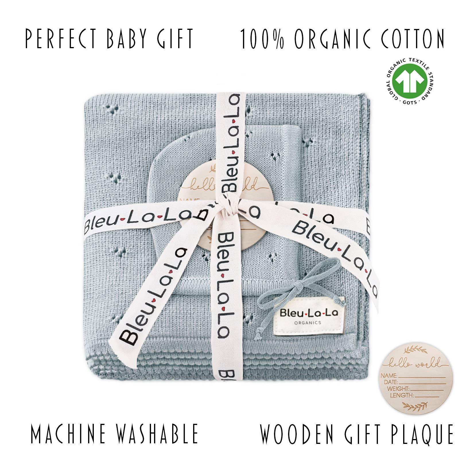 100% Organic Cotton Luxury Organic Blanket + Bonnet Hat Set Bleu La La