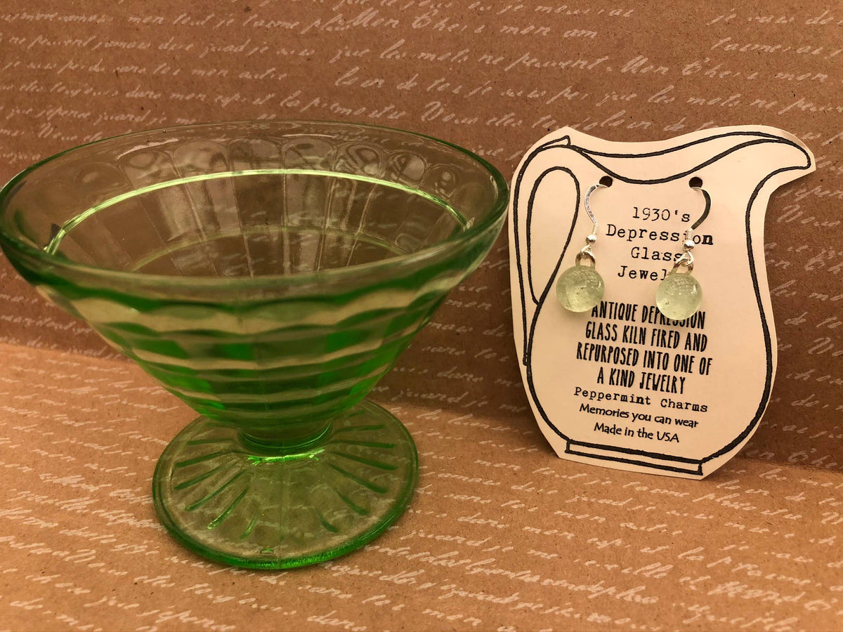 1930’s Vintage Green Depression glass dangle earrings