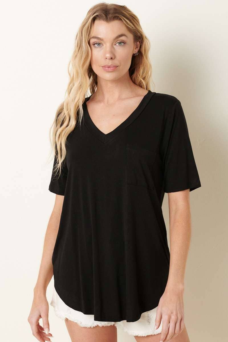 BAMBOO V-NECK 1POCKET FRONT KNIT TOP