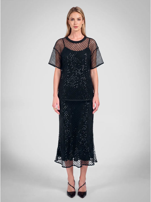 Sequin Mesh Overlay Midi Skirt