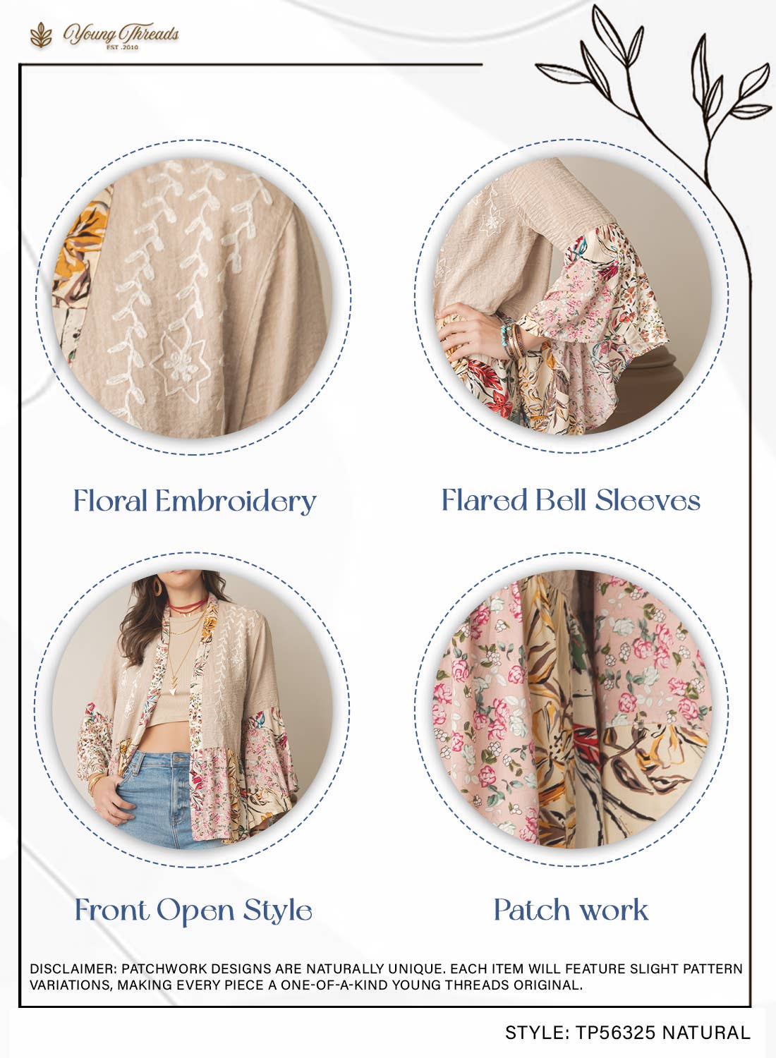 Boho Floral Embroidered Open Front Lace Trim Cardigan