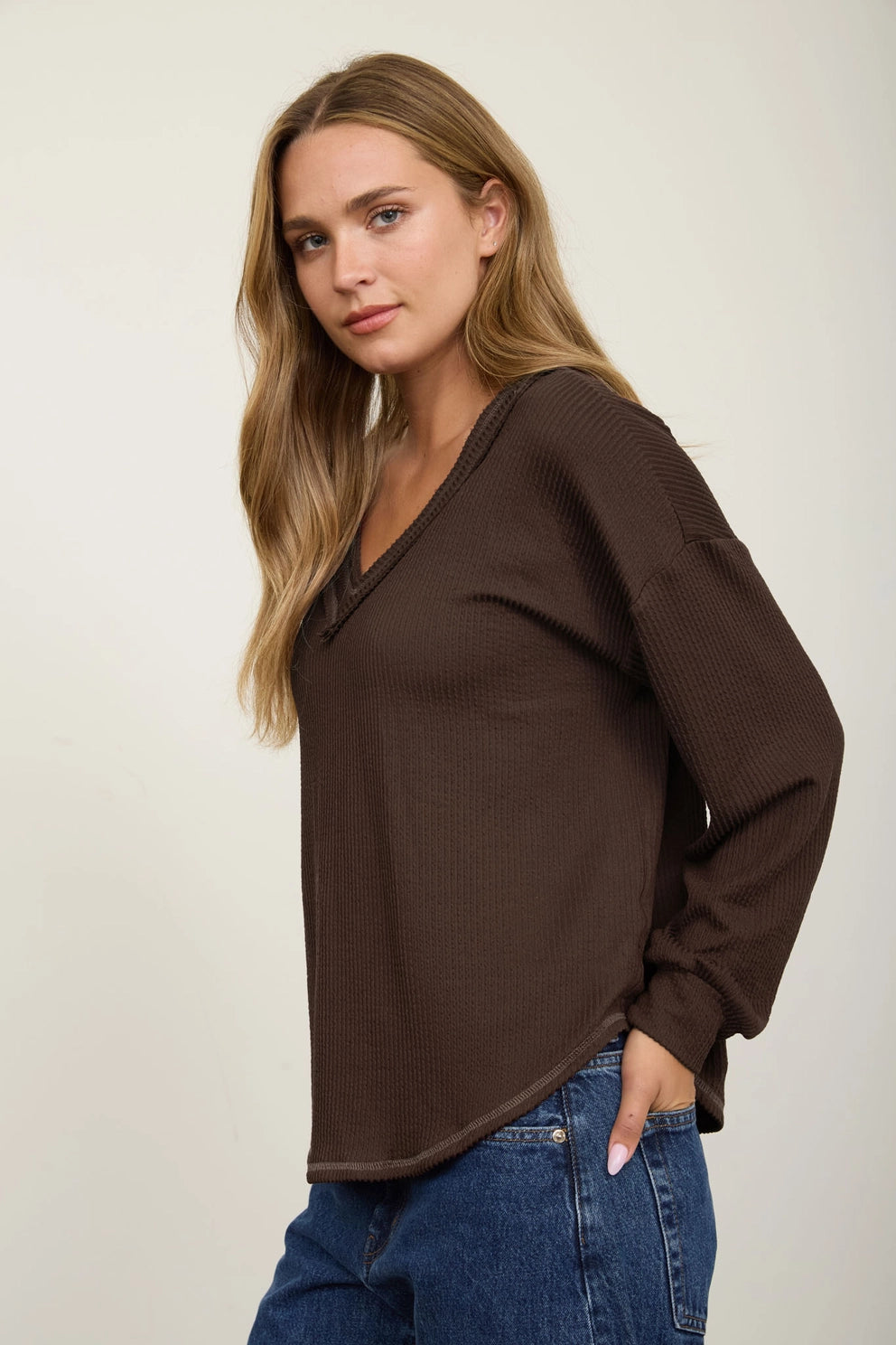 Raw Edge V-Neck Long Sleeve Top