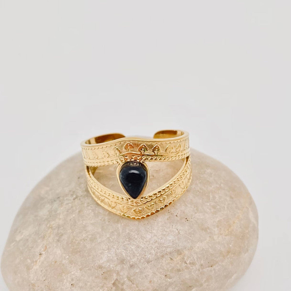 Vintage Stainless Steel Inlaid Natural Stone Rings - FGS/CS