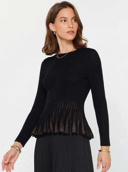 Long Sleeve Round Neck Knit Top with Gold Accent Detail