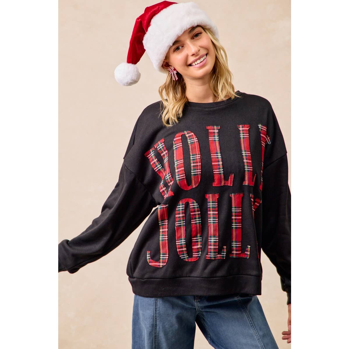 PLAID HOLLY JOLLY LETTERING CHRISTMAS SWEATSHIRT