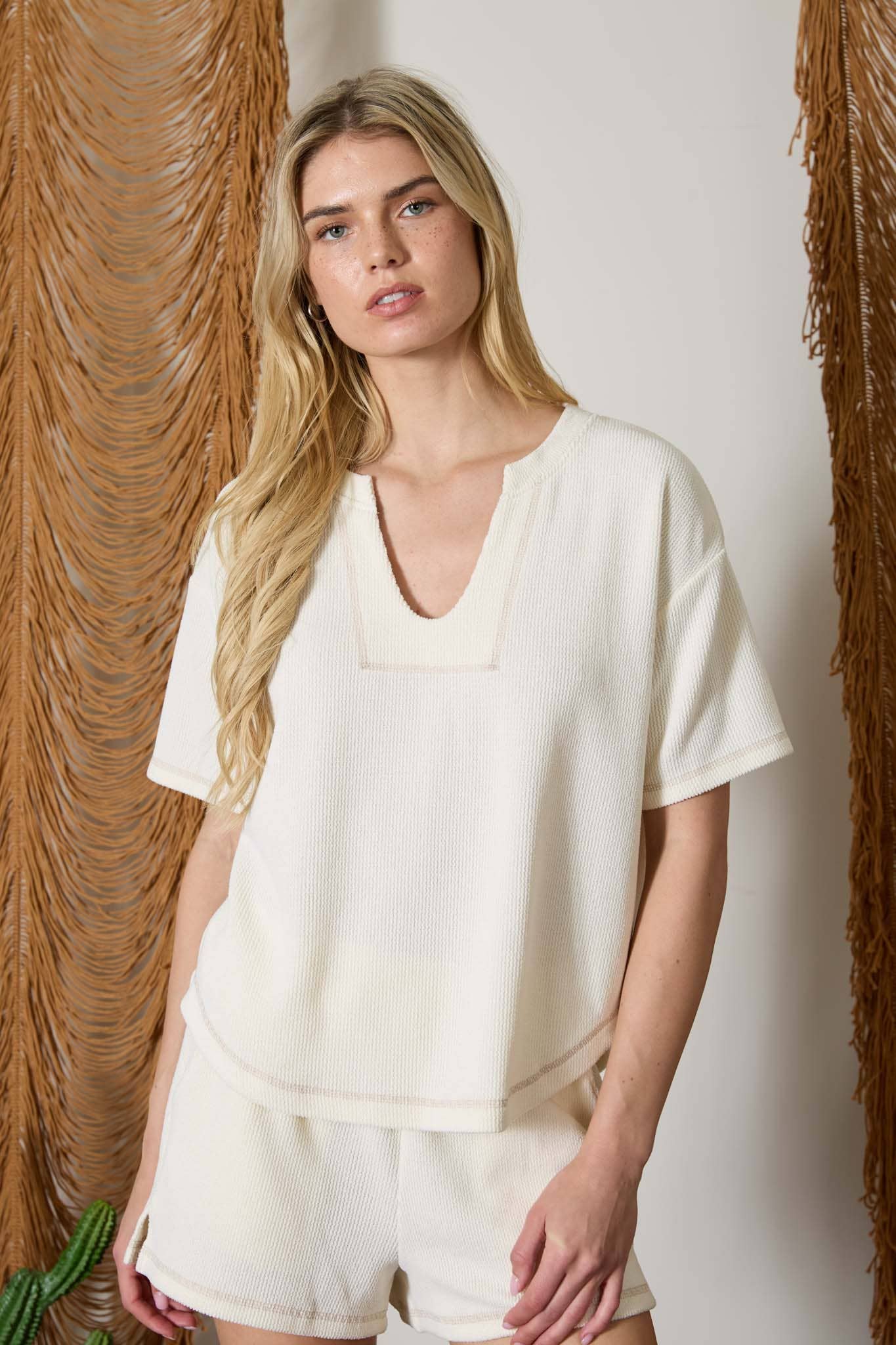 SPLIT NECK SHORT SLEEVE TERRY KNIT TOP