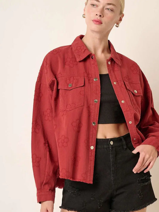 Daisy Jacquard Texture Distressed Denim Jacket Mittoshop