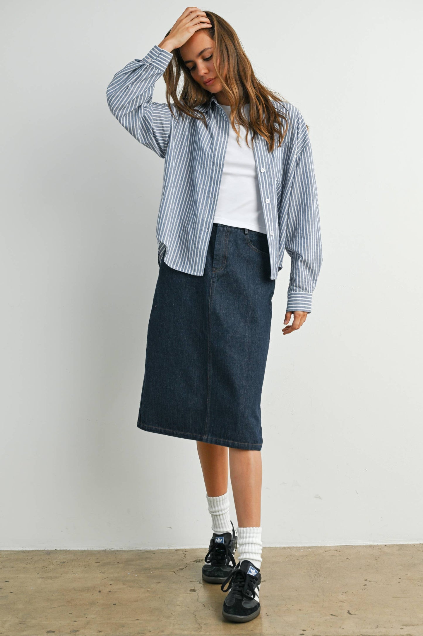 Cropped Striped Button-Up Collared Long Sleeve Top