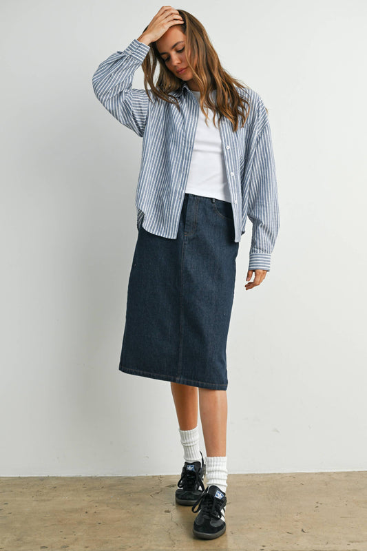 Cropped Striped Button-Up Collared Long Sleeve Top