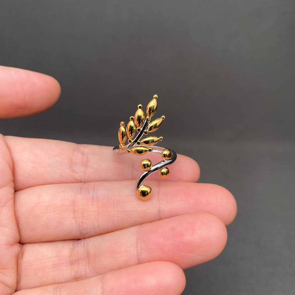 Two Tone Leaf 18K Gold Plated Stainless Steel Ring - FGS