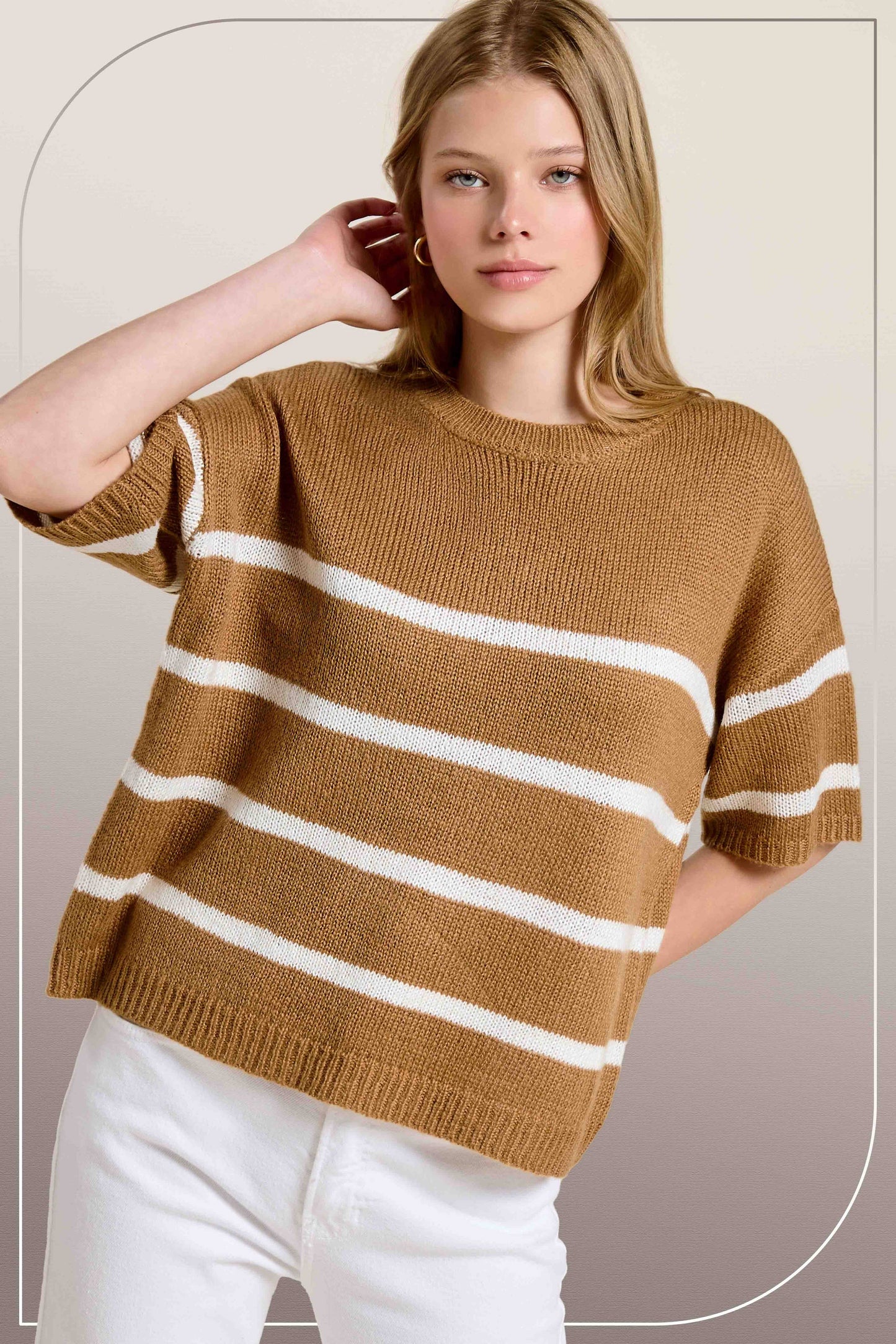 Striped Relaxed Knit Short Sleeve Boxy Sweater Top