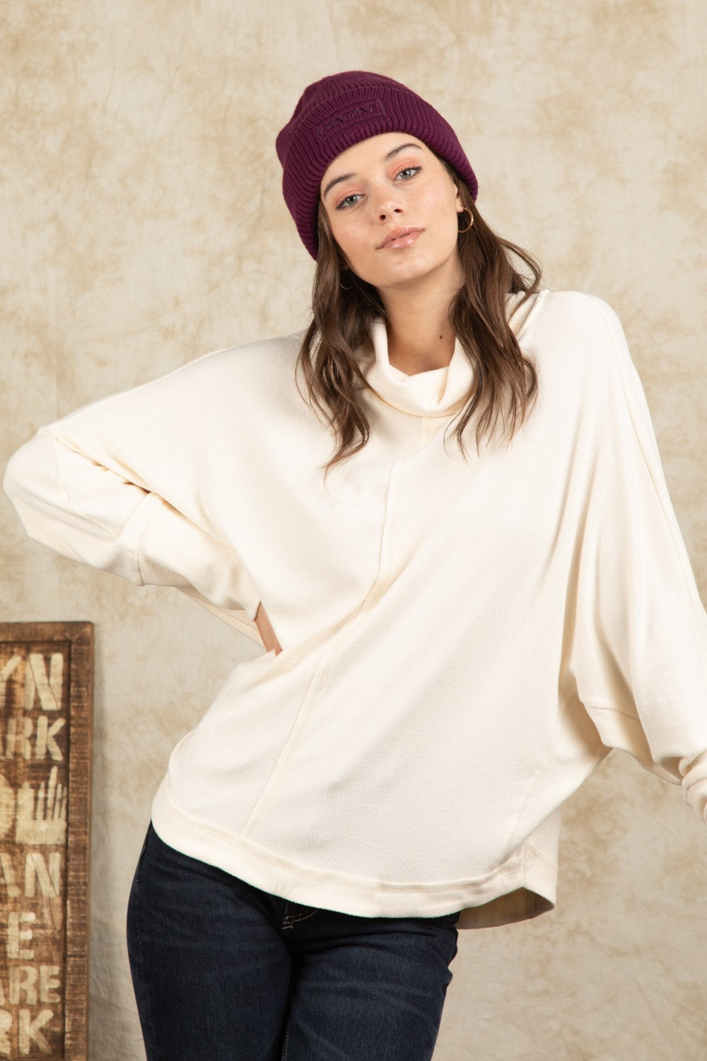 Mock Neck Dolmen Sleeve Oversized Tunic Top Very J