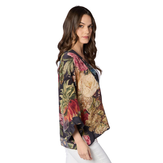 Primula Print Black Short Kimono