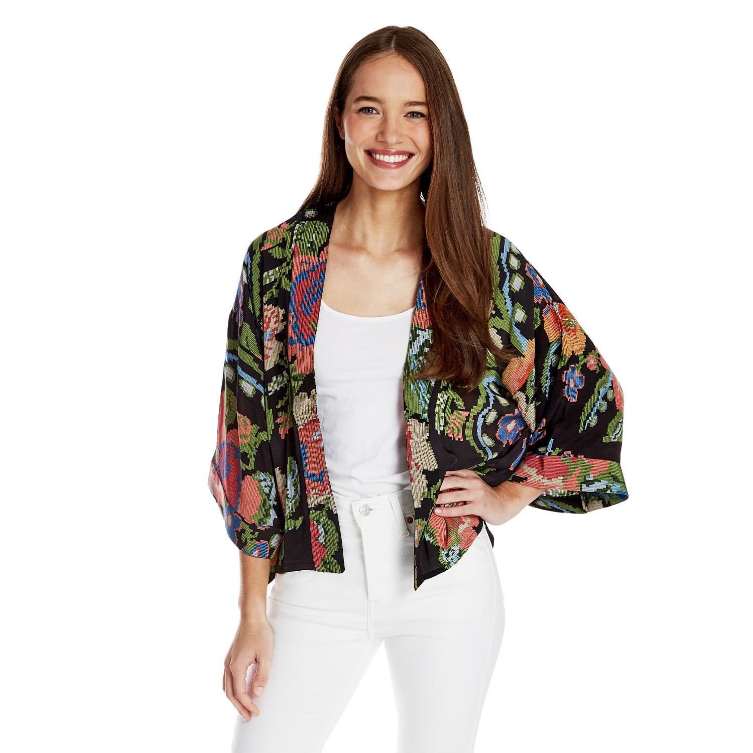 Woven Flower Short Kimono Two's Company