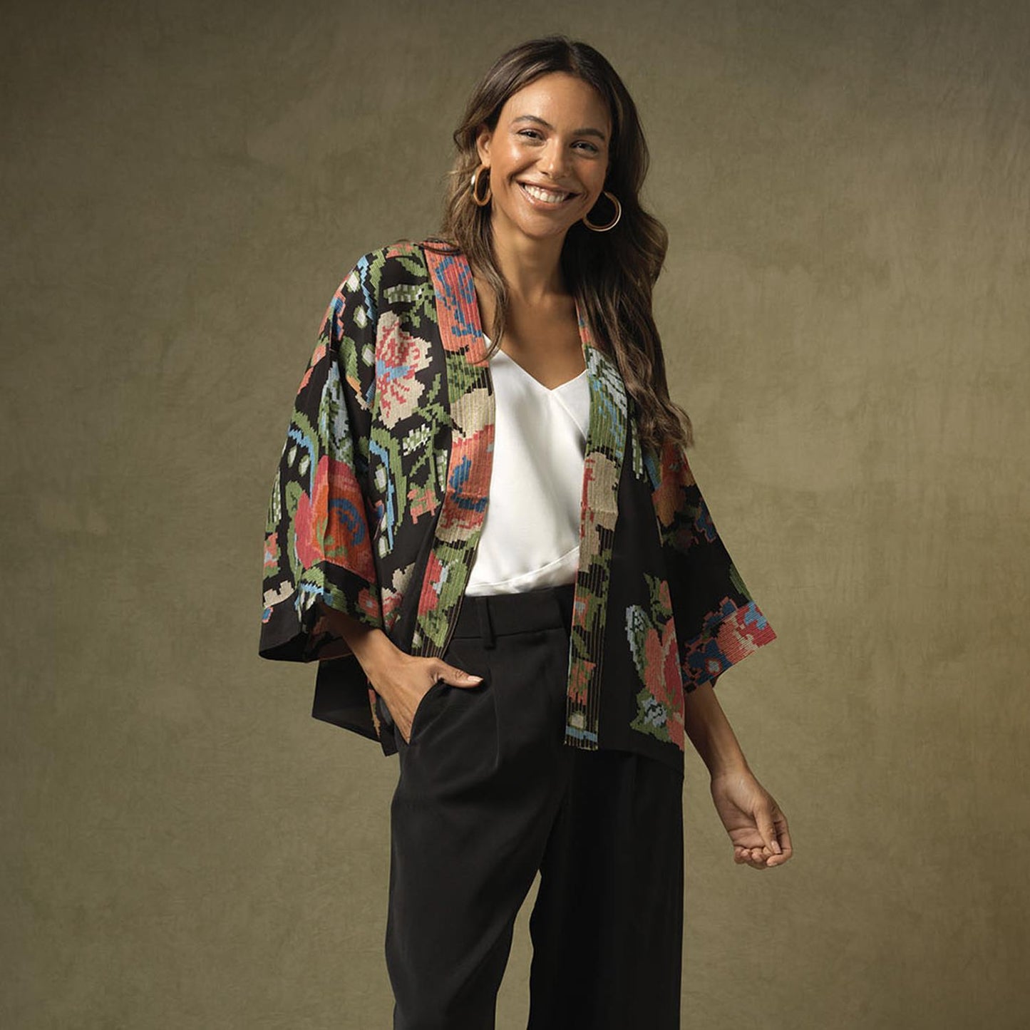 Woven Flower Short Kimono Two's Company
