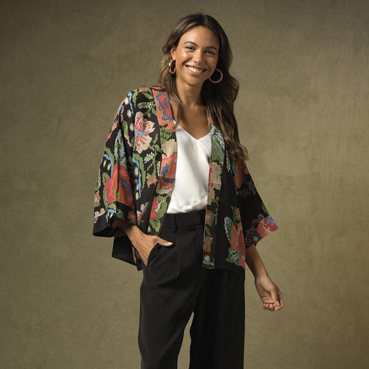 Woven Flower Short Kimono Two's Company