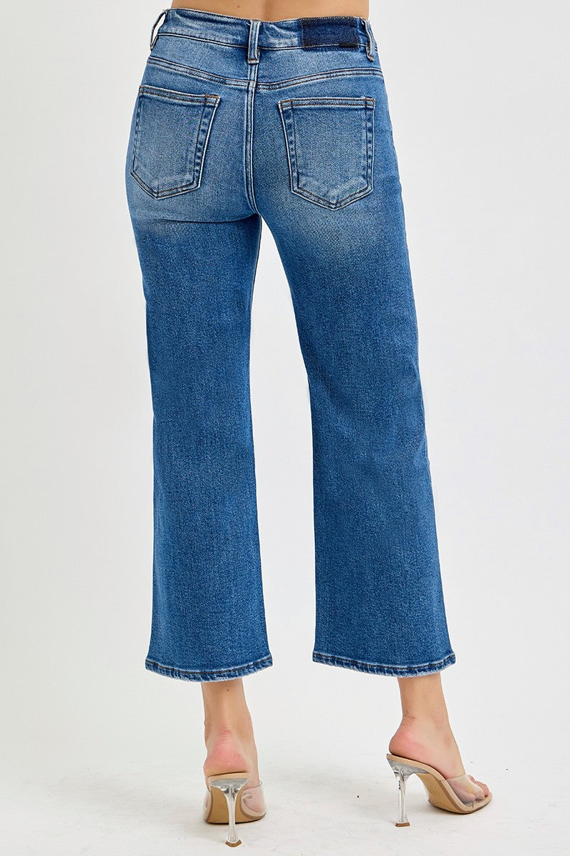 Mid-Rise Elastic Band Cropped Wide Leg Jean