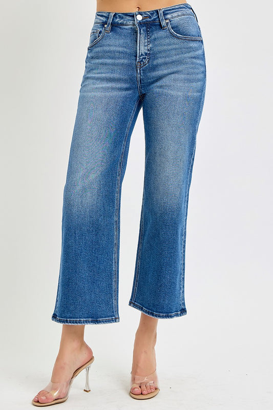 Mid-Rise Elastic Band Cropped Wide Leg Jean