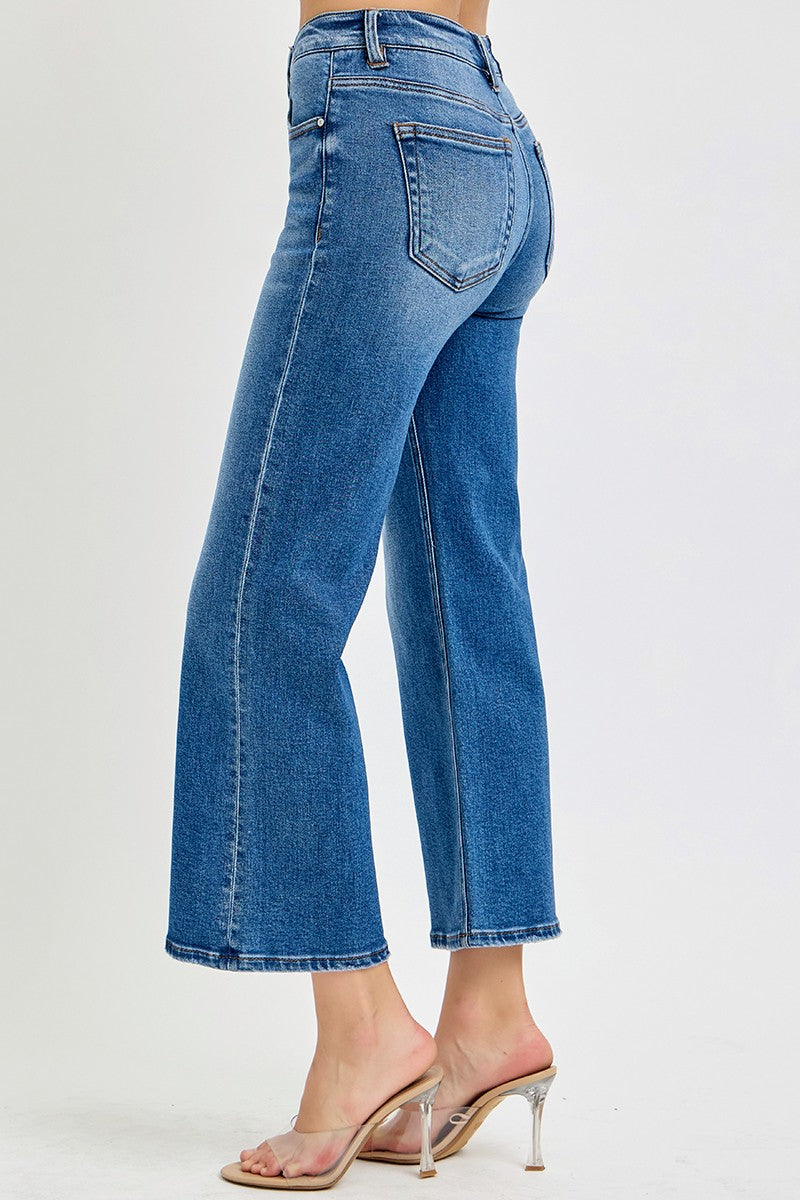 Mid-Rise Elastic Band Cropped Wide Leg Jean