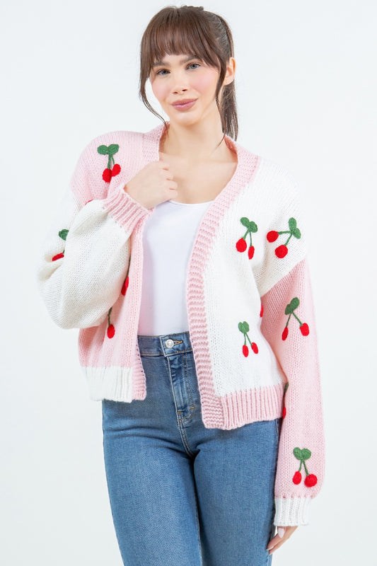 Asymmetric Open Cardigan with Cherries
