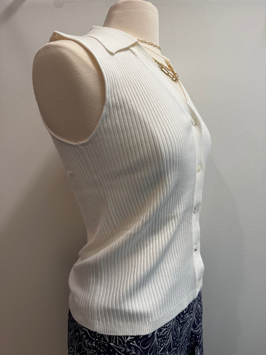 Ribbed Button Down Sleeveless Collar Top