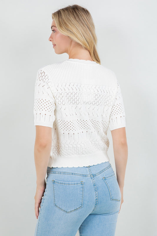 Pointelle Knit Short Sleeve Cardigan