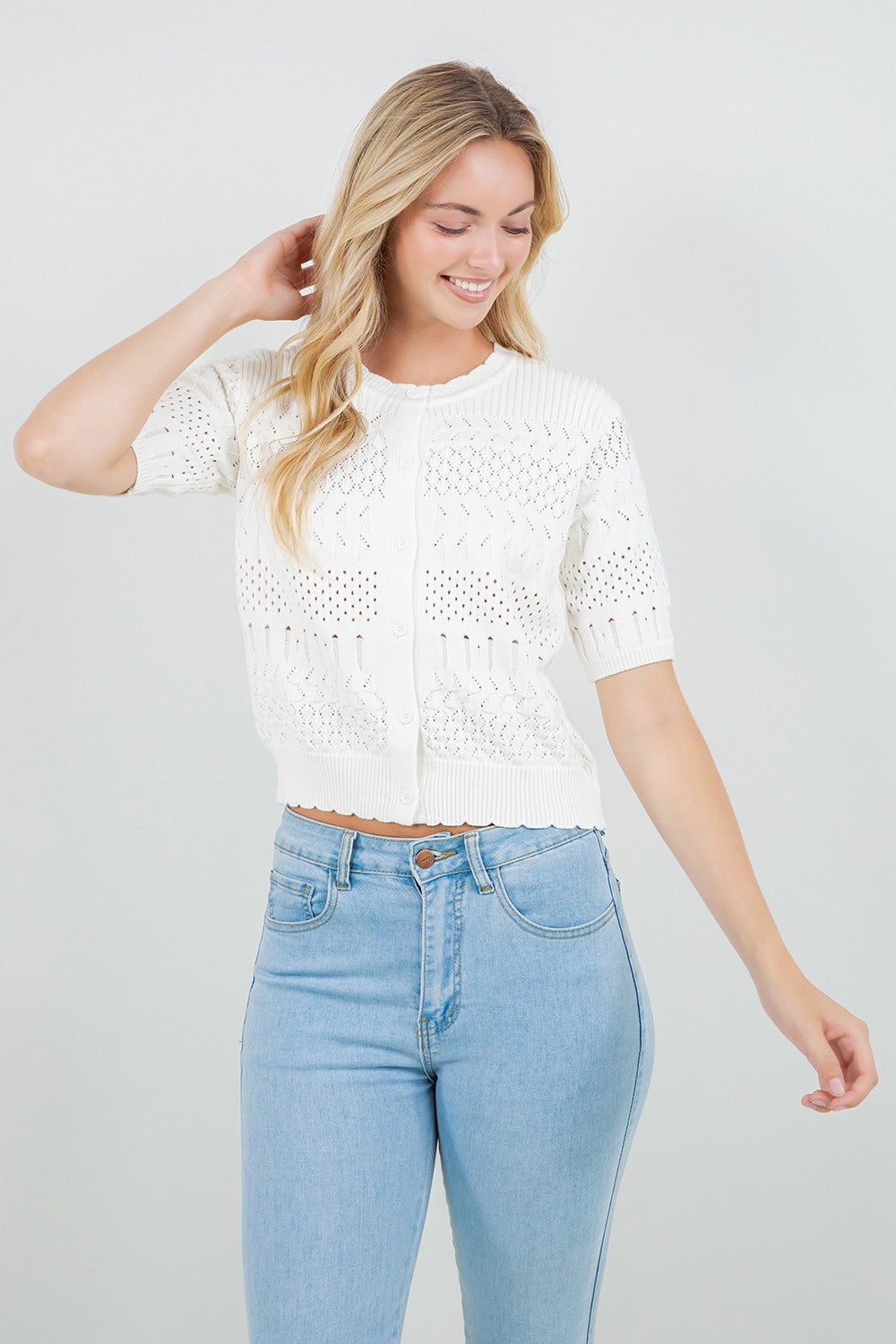 Pointelle Knit Short Sleeve Cardigan