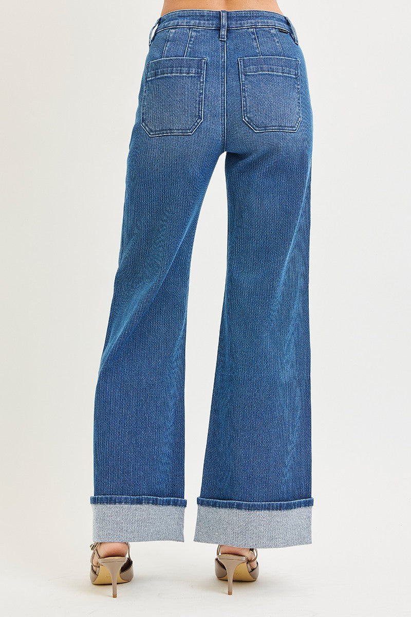 Mid-Rise Wide Leg Cuffed Jeans