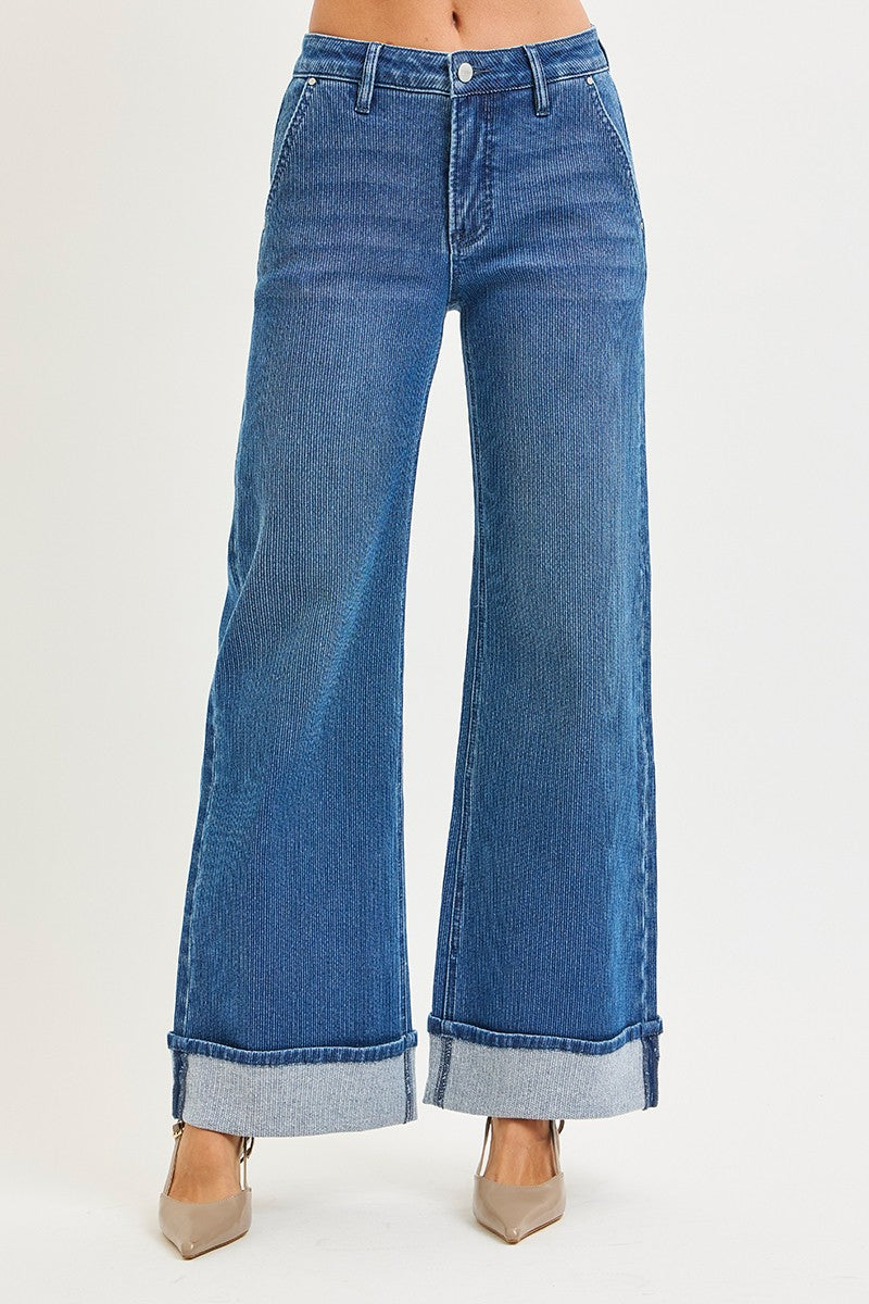 Mid-Rise Wide Leg Cuffed Jeans