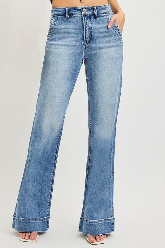 High Rise Tummy Control Wide Flare Jeans with Wide Hem