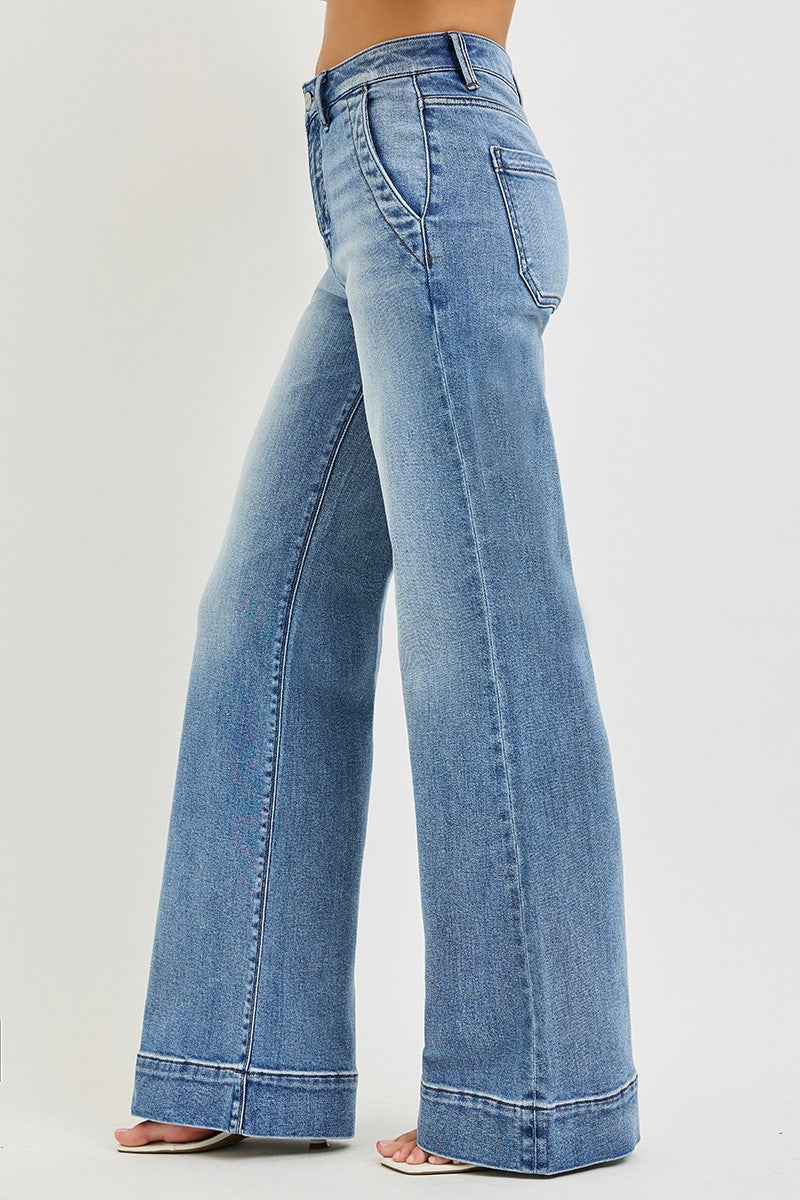 High Rise Tummy Control Wide Flare Jeans with Wide Hem