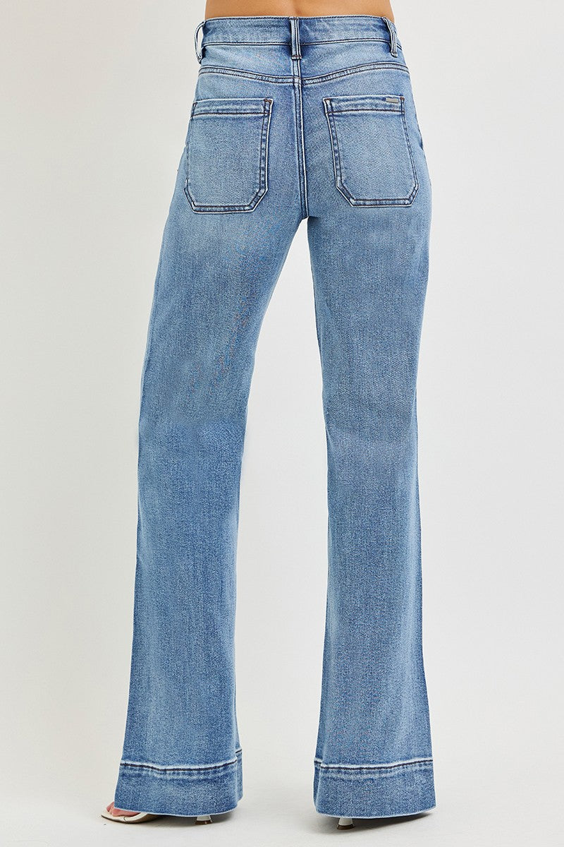 High Rise Tummy Control Wide Flare Jeans with Wide Hem