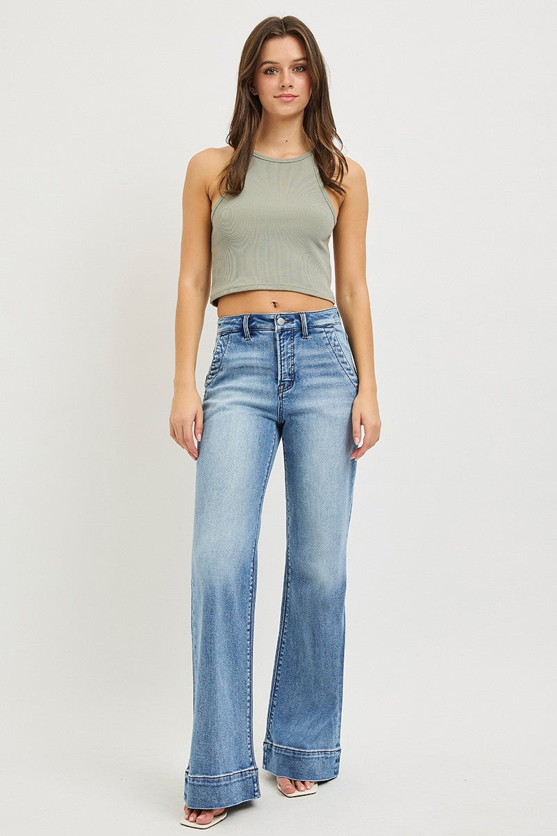 High Rise Tummy Control Wide Flare Jeans with Wide Hem