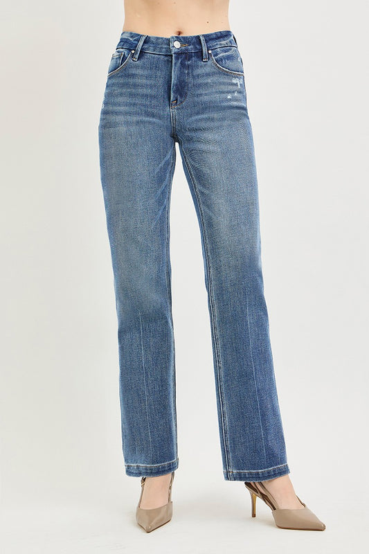 Mid Rise Tummy Control 4 Way Stretch Straight Jeans with Crease Line Detaiks