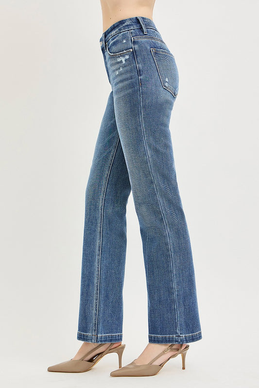 Mid Rise Tummy Control 4 Way Stretch Straight Jeans with Crease Line Detaiks