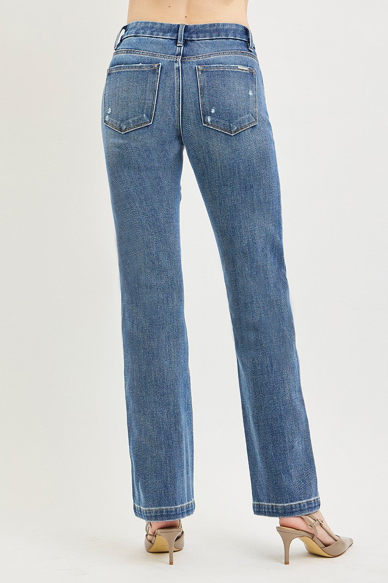 Mid Rise Tummy Control 4 Way Stretch Straight Jeans with Crease Line Detaiks