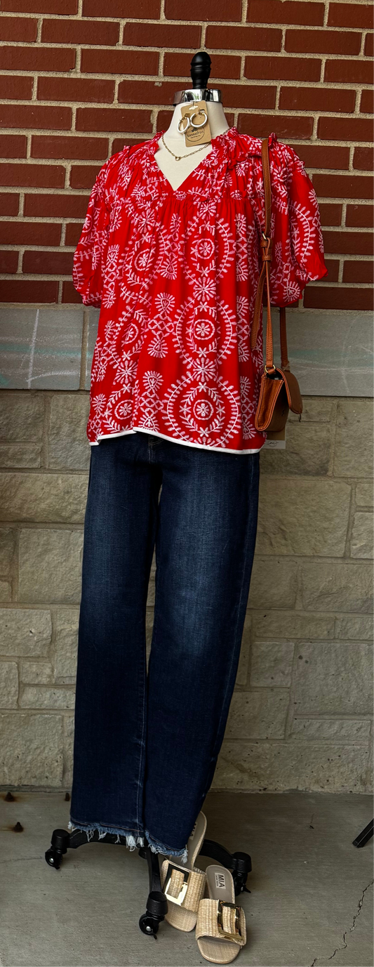 Ruffle Neckline with Shirring Short Balloon Sleeves Top