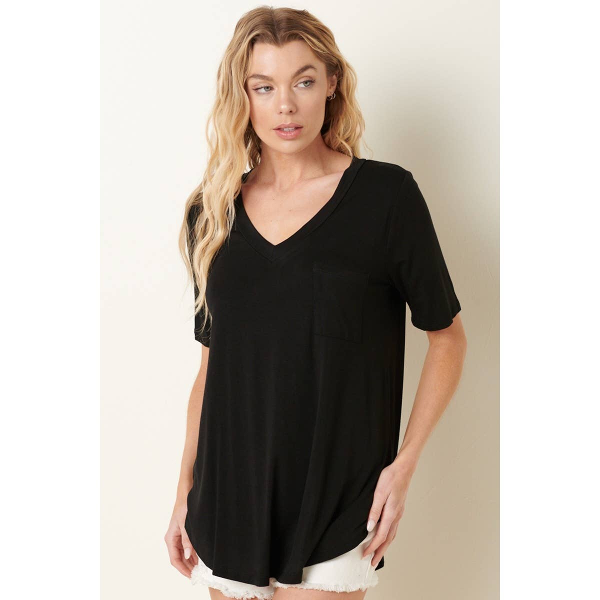 BAMBOO V-NECK 1POCKET FRONT KNIT TOP