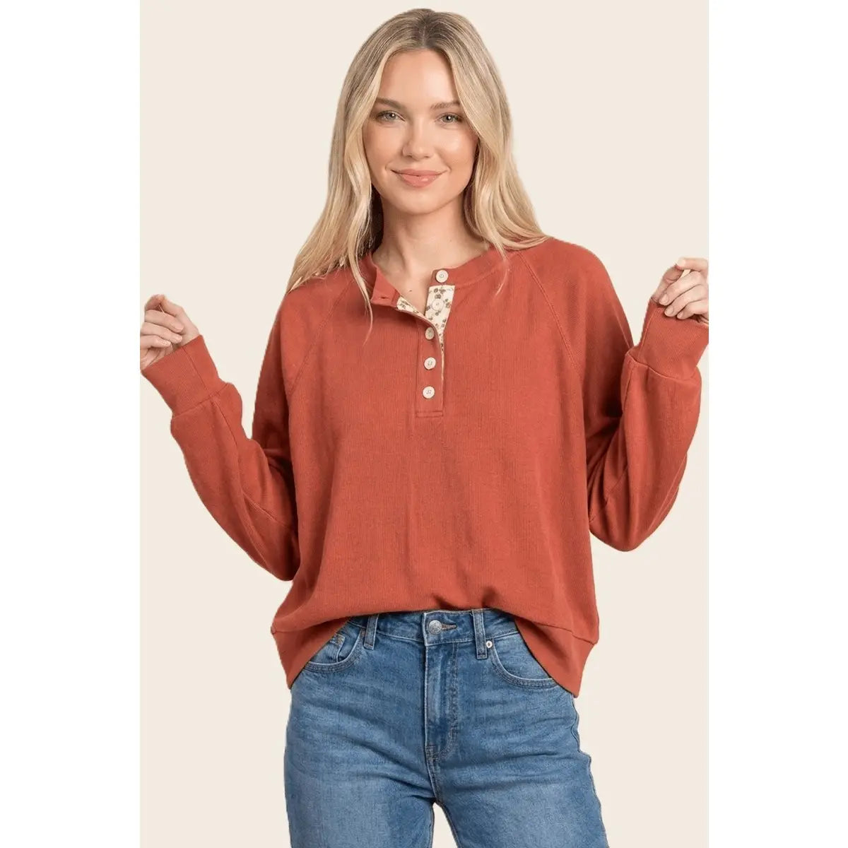 Henley Floral Placket Solid Top