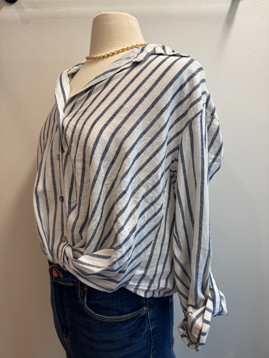 Striped Roll-up Long Sleeve Blouse
