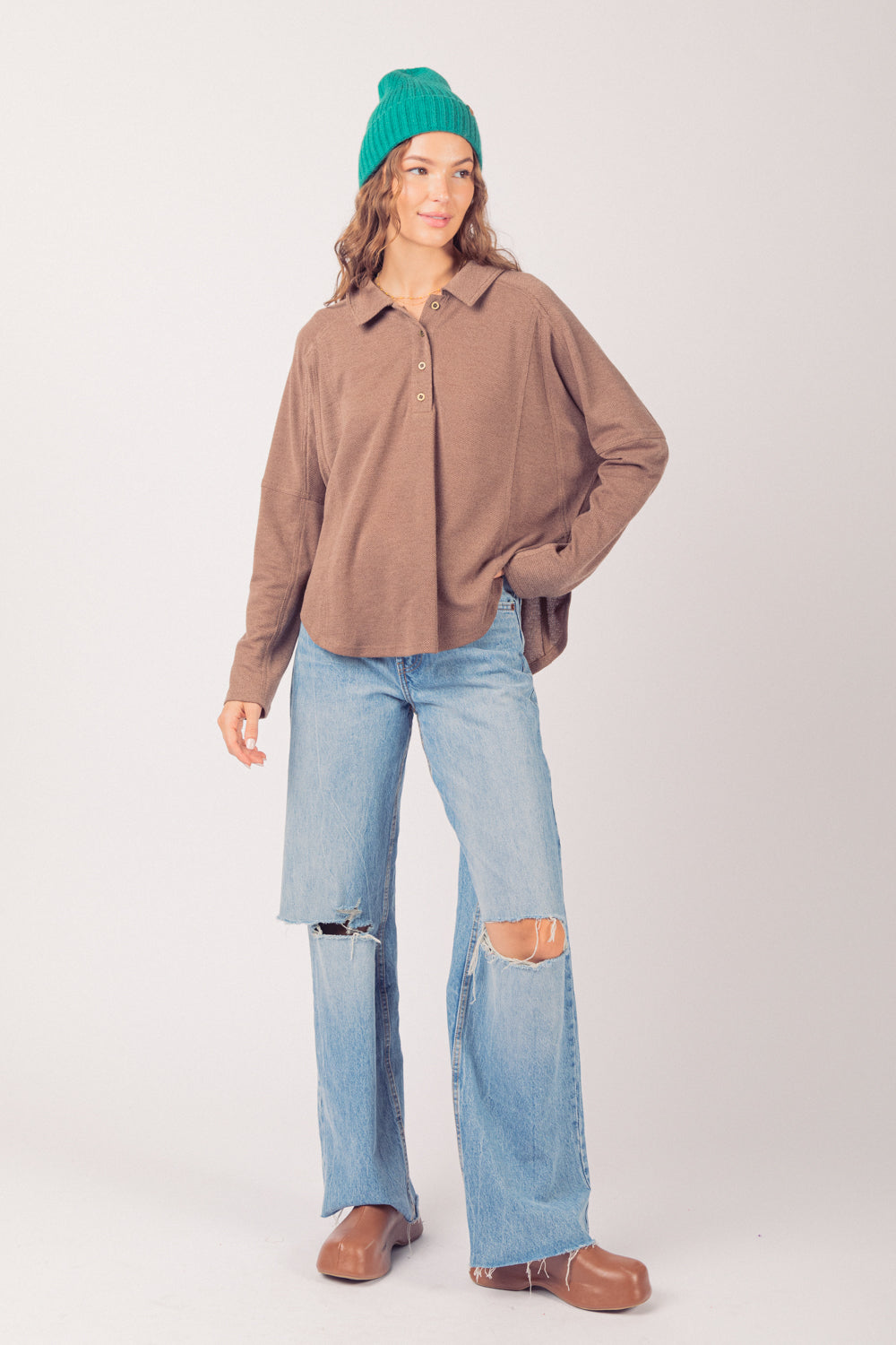 Collared Neck Henley Knit Top Very J