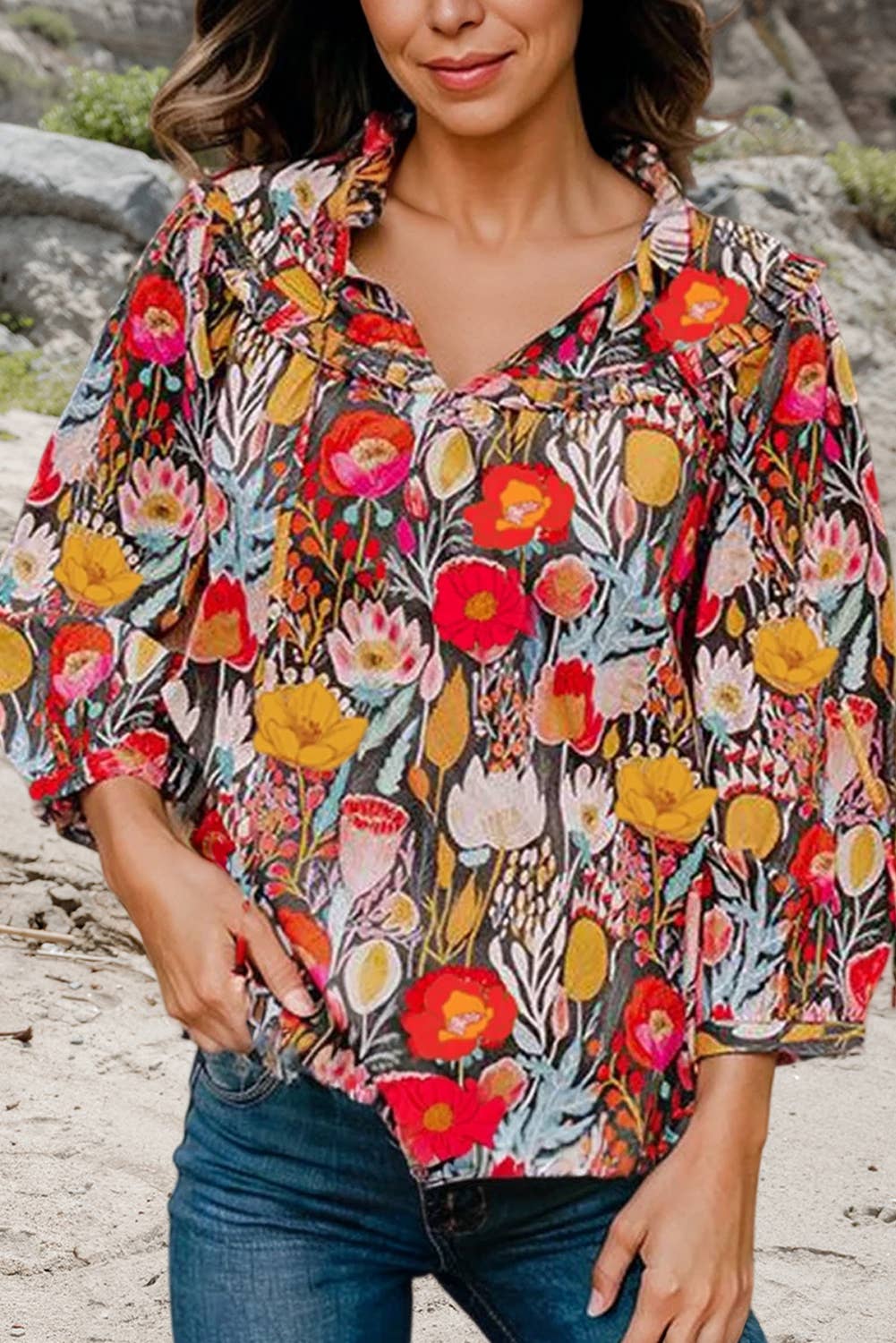 Floral 3/4 Puff Sleeve Tie Neck Blouse | S-XL