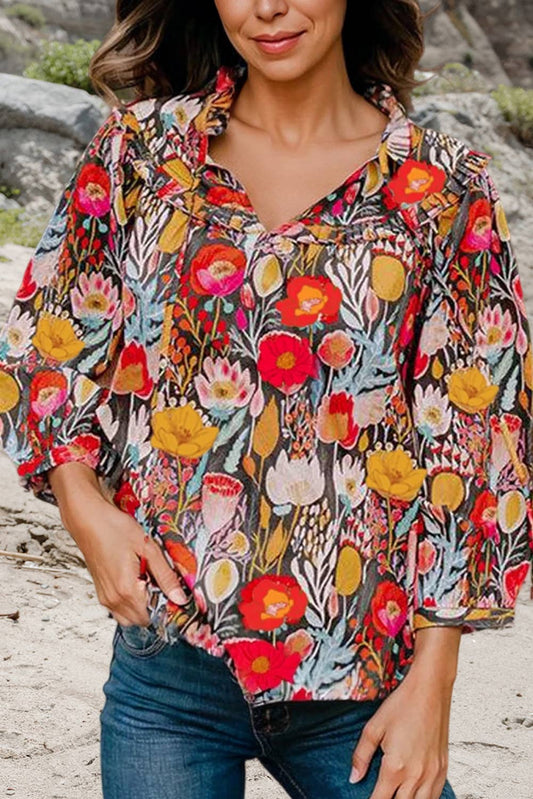 Floral 3/4 Puff Sleeve Tie Neck Blouse | S-XL