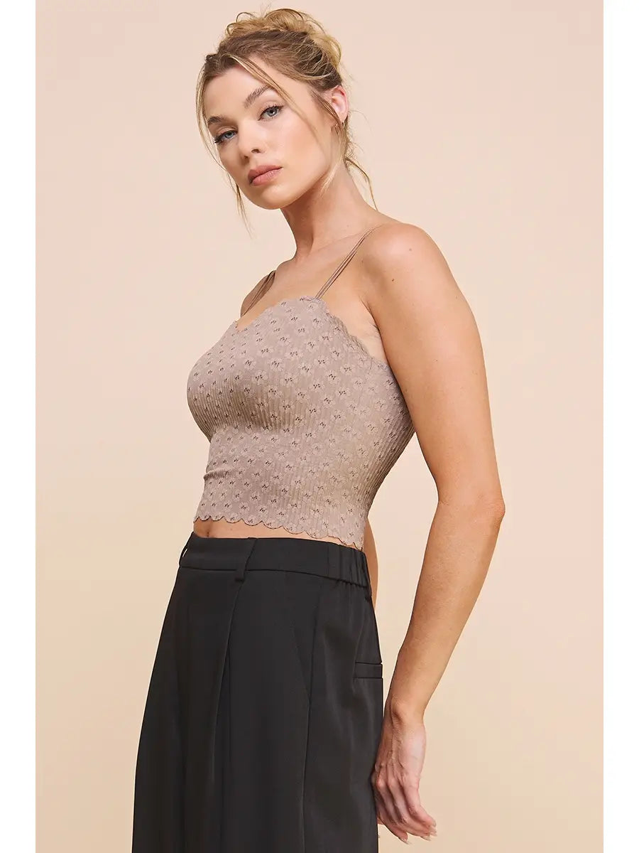 Laser Cut Scallop Edge Lace Bralette Cami With Adjustable Straps