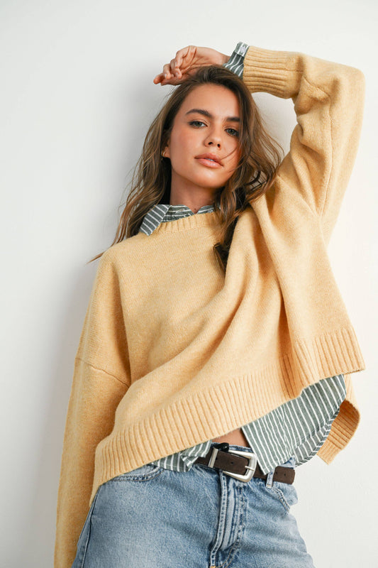 Cropped Striped Button-Up Collared Long Sleeve Top