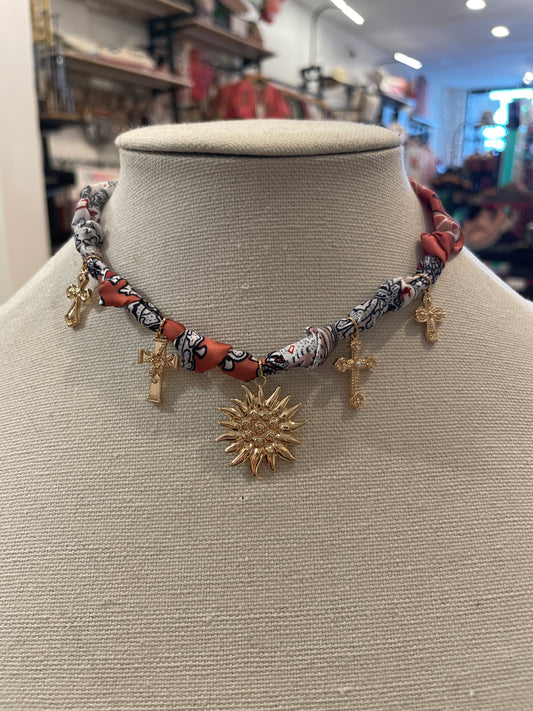 Sun & Multi Cross Charm Scarf Necklace
