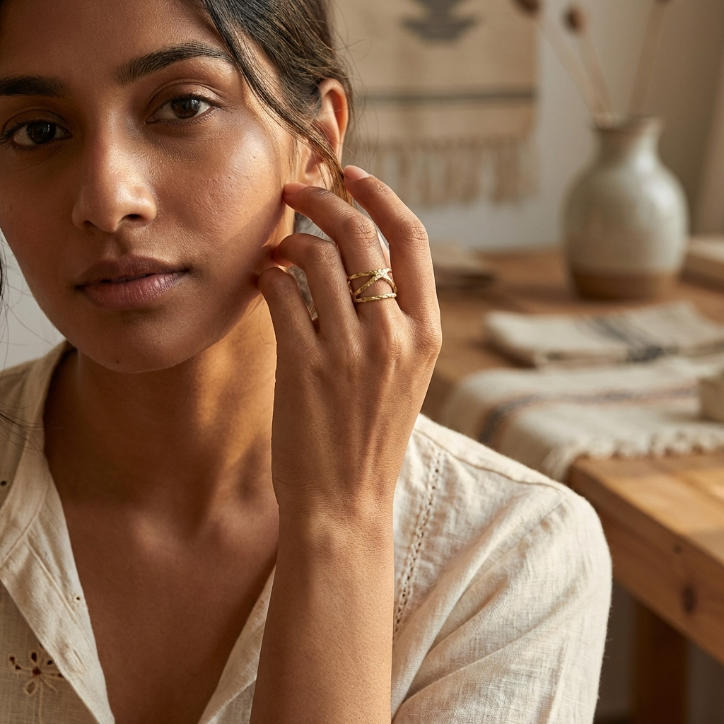 Gold Plated Adjustable Ring - Center Curved Line