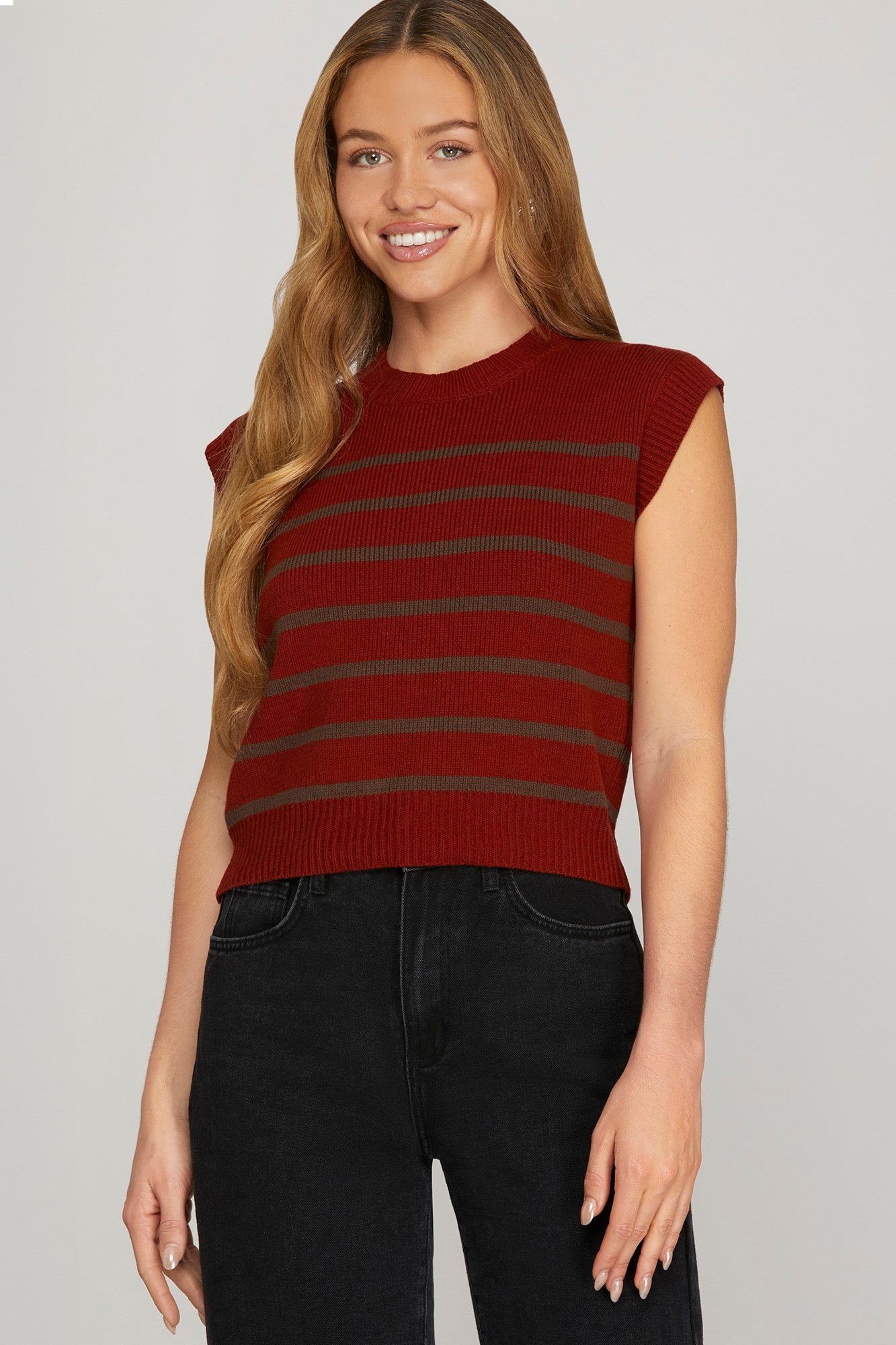 Sleeveless Round Neck Striped Sweater Top